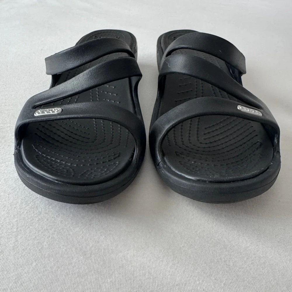 Crocs Patricia Wedge Sandals Womens 8 Black Multi Strap Slip On Shoes Comfort